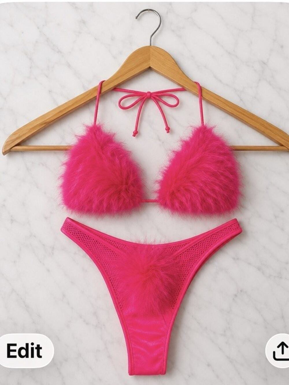 Bra and Thong Set Hot Pink Small Mesh Fuzzy Fur Exotic Dancer Costume